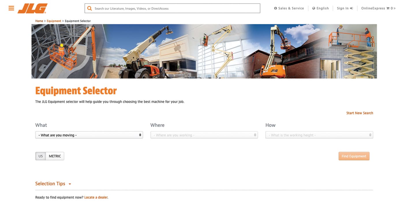 Screenshot of equipment selector web page
