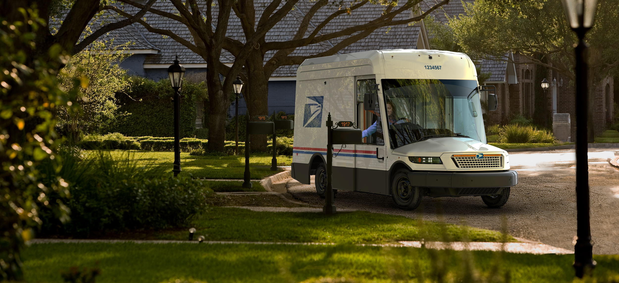 USPS Next Generation Delivery Vehicle servicing a neighborhood