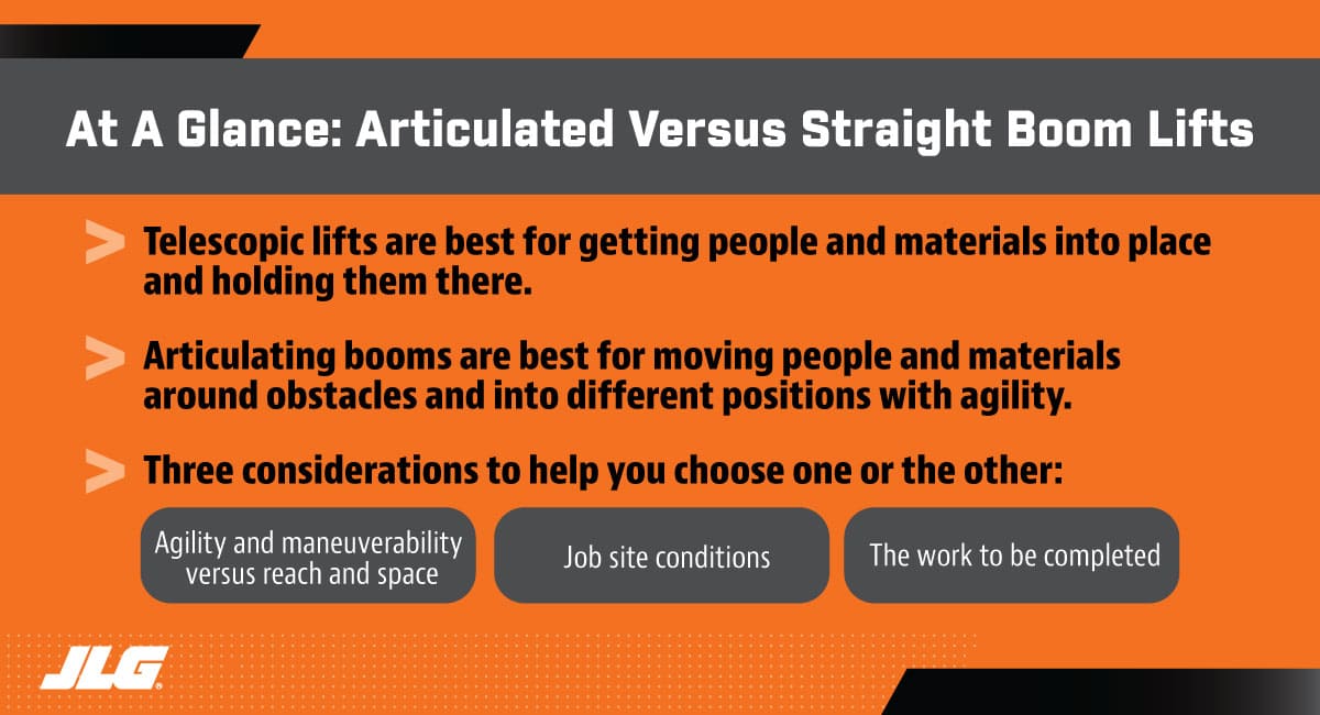 Choosing between an articulated or straight boom lift at a glance