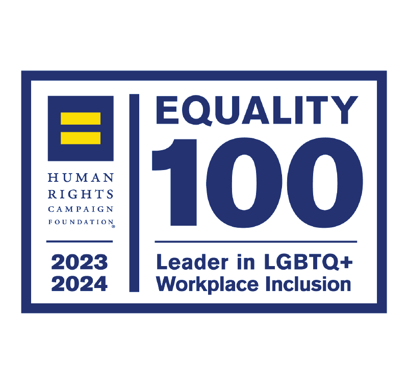 White, rectangle graphic with words that read "Equality 100 leader in LGBTQ+ workplace inclusion."