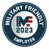 Blue and silver award logo that reads Military Friendly Employer 2023