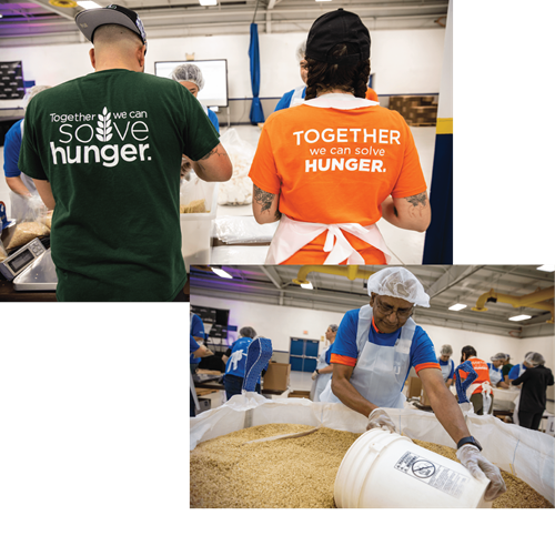 Two images with one image showing the back of t-shirts that read together we can solve hunger and the other image showing a man scooping rice
