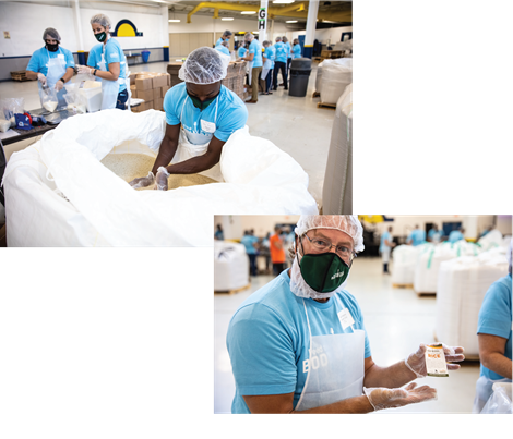 Two images of male volunteers at the Feed the Body, Feed the Soul event packing rice