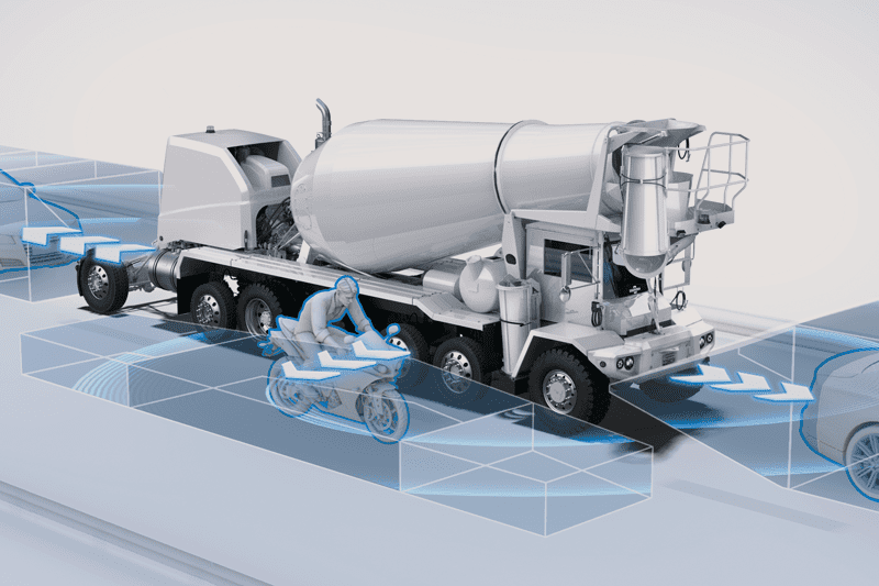 White background with white S-Series concrete mixer showing the active safety features of the product 