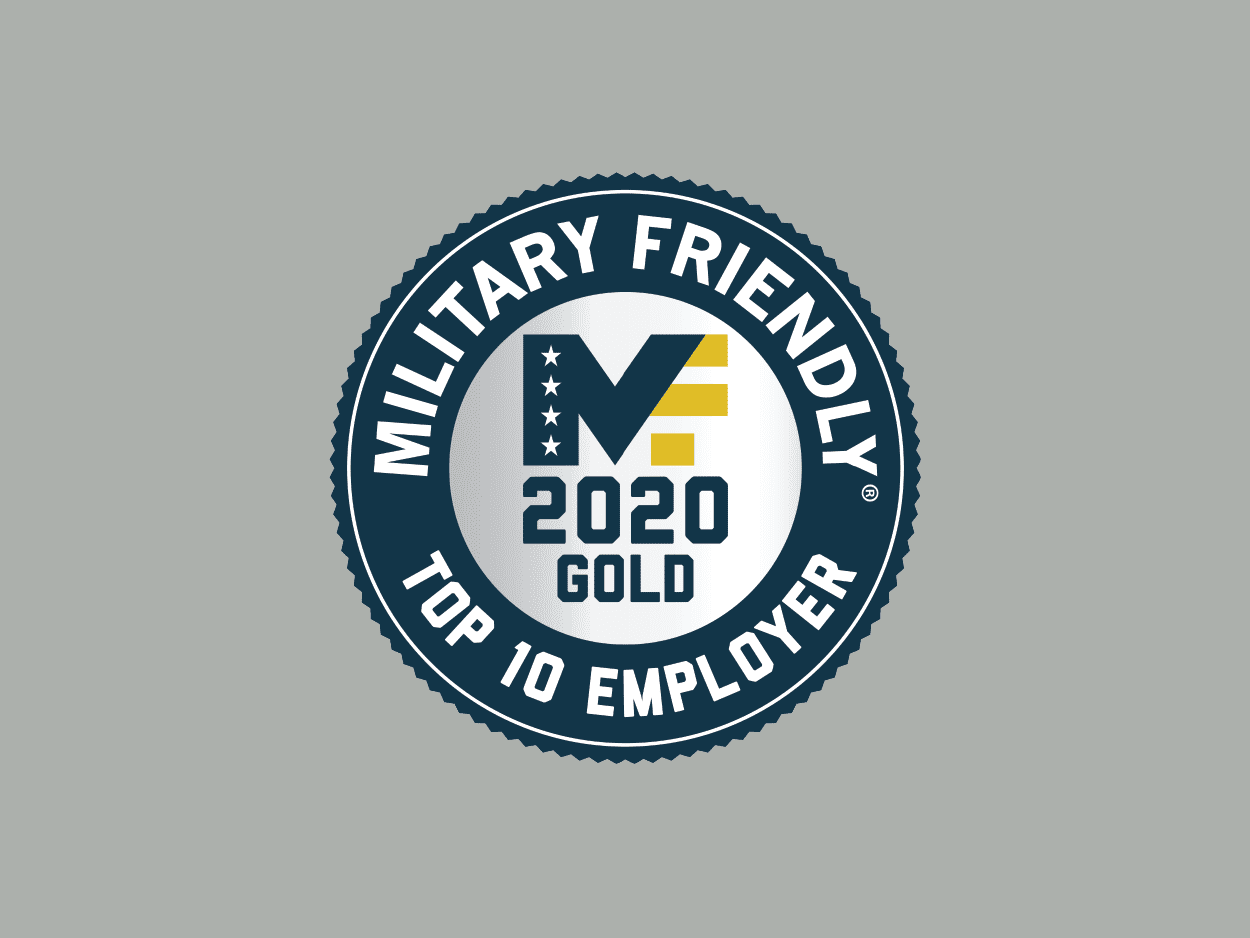 2020 Gold Military Friendly Top 10 Employer award logo on grey background