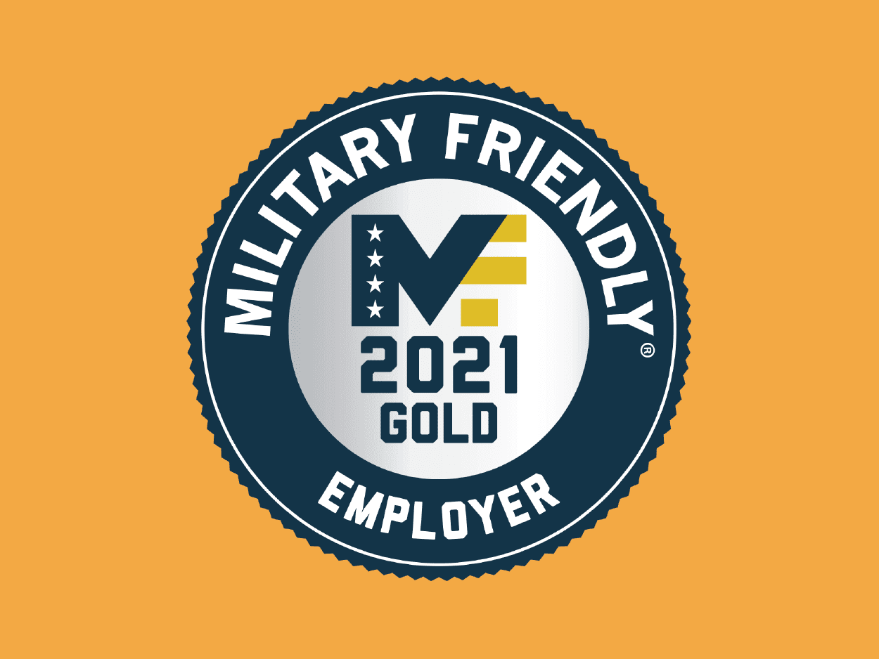 2021 Gold Military Friendly Award logo on orange-yellow background
