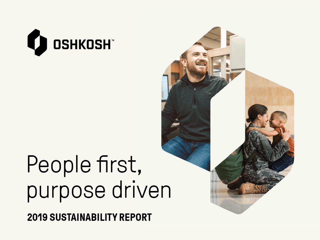 Cream background with Oshkosh logo, logo mark window with two images and text that reads People first, purpose driven, 2019 sustainability report