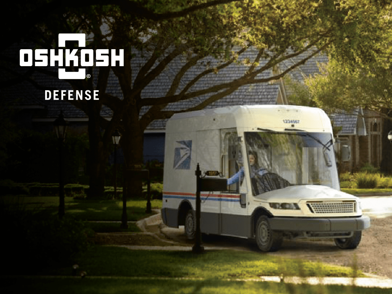 USPS NGDV image with white Oshkosh Defense logo