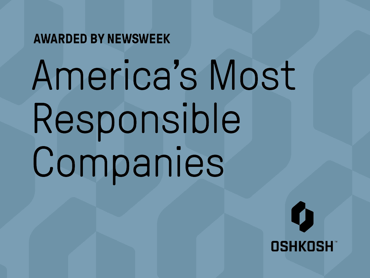 Blue Oshkosh logo pattern background and black Oshkosh logo with black text that shares America's Most Responsible Companies award 