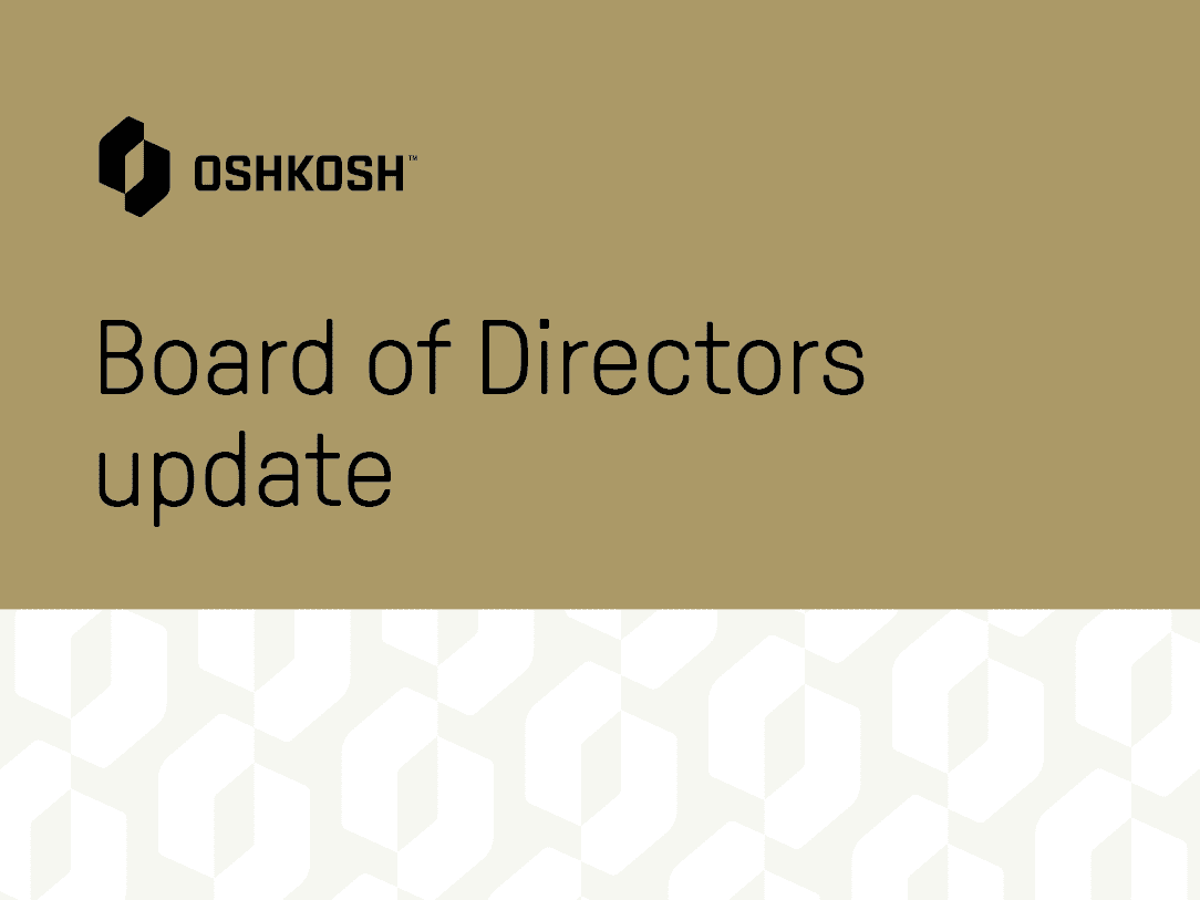 Khaki background and cream Oshkosh logo pattern with black Oshkosh logo and black text that reads Board of Directors update