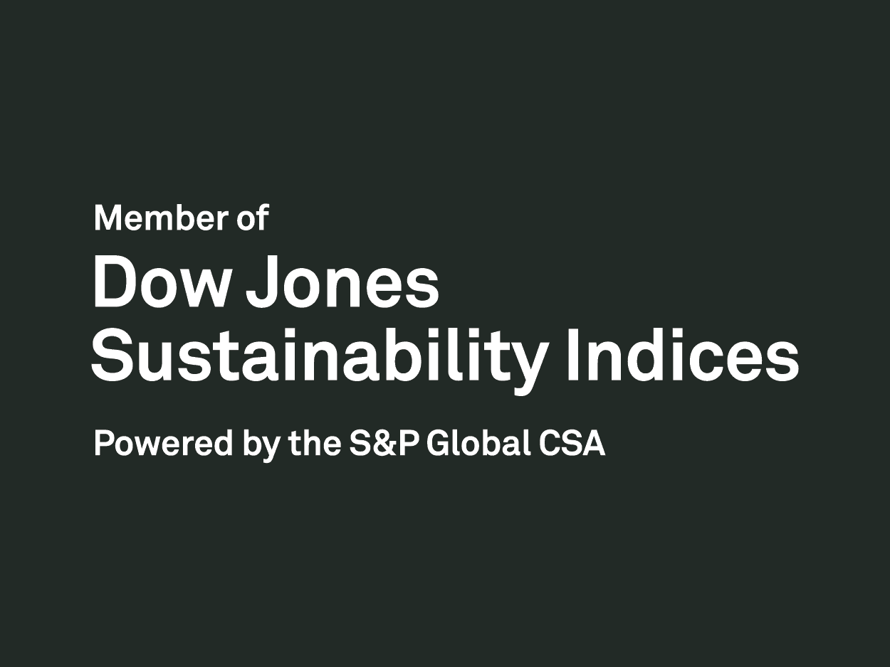 White Dow Jones Sustainability Indices logo on dark green background