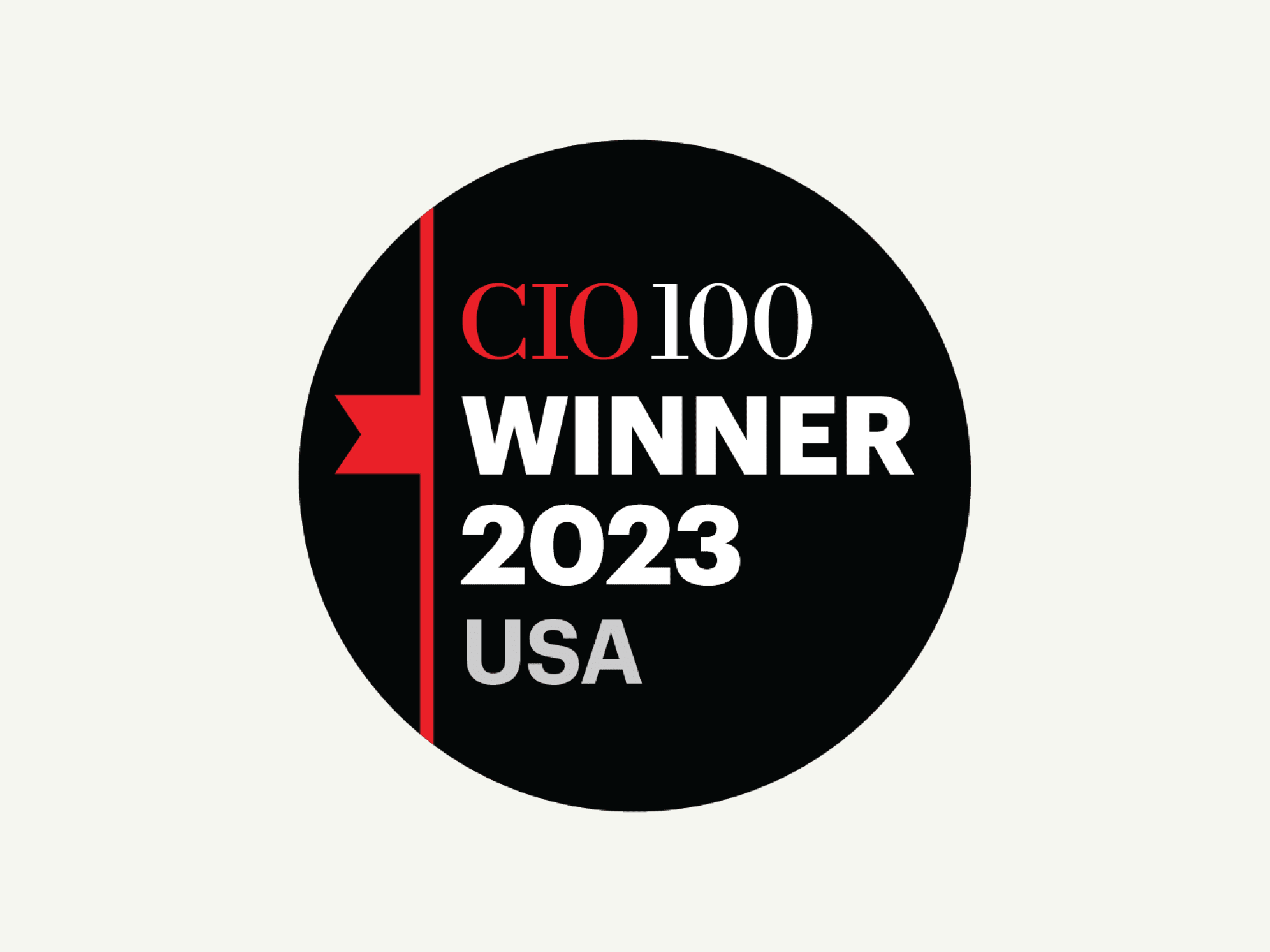 Black and red CIO 100 Winner award logo on a cream background