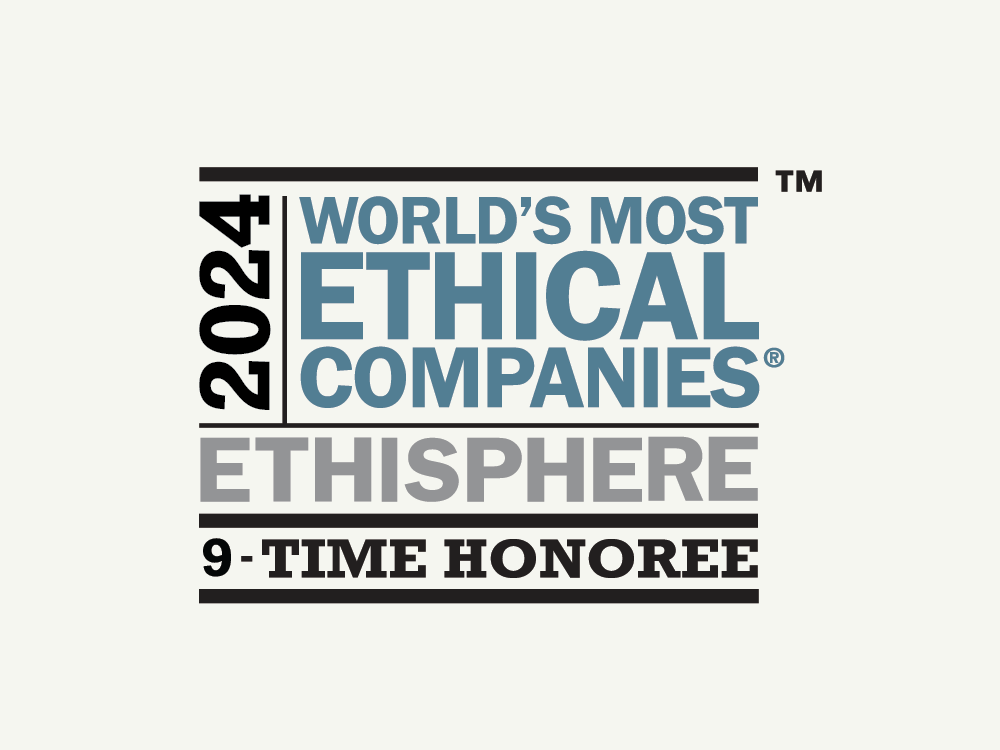 Cream background with blue, black and grey 2024 World's Most Ethical Companies by Ethisphere 9-time honoree logo