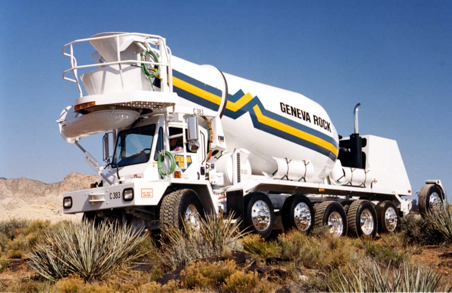 White with blue and yellow stripe front discharge concrete mixer
